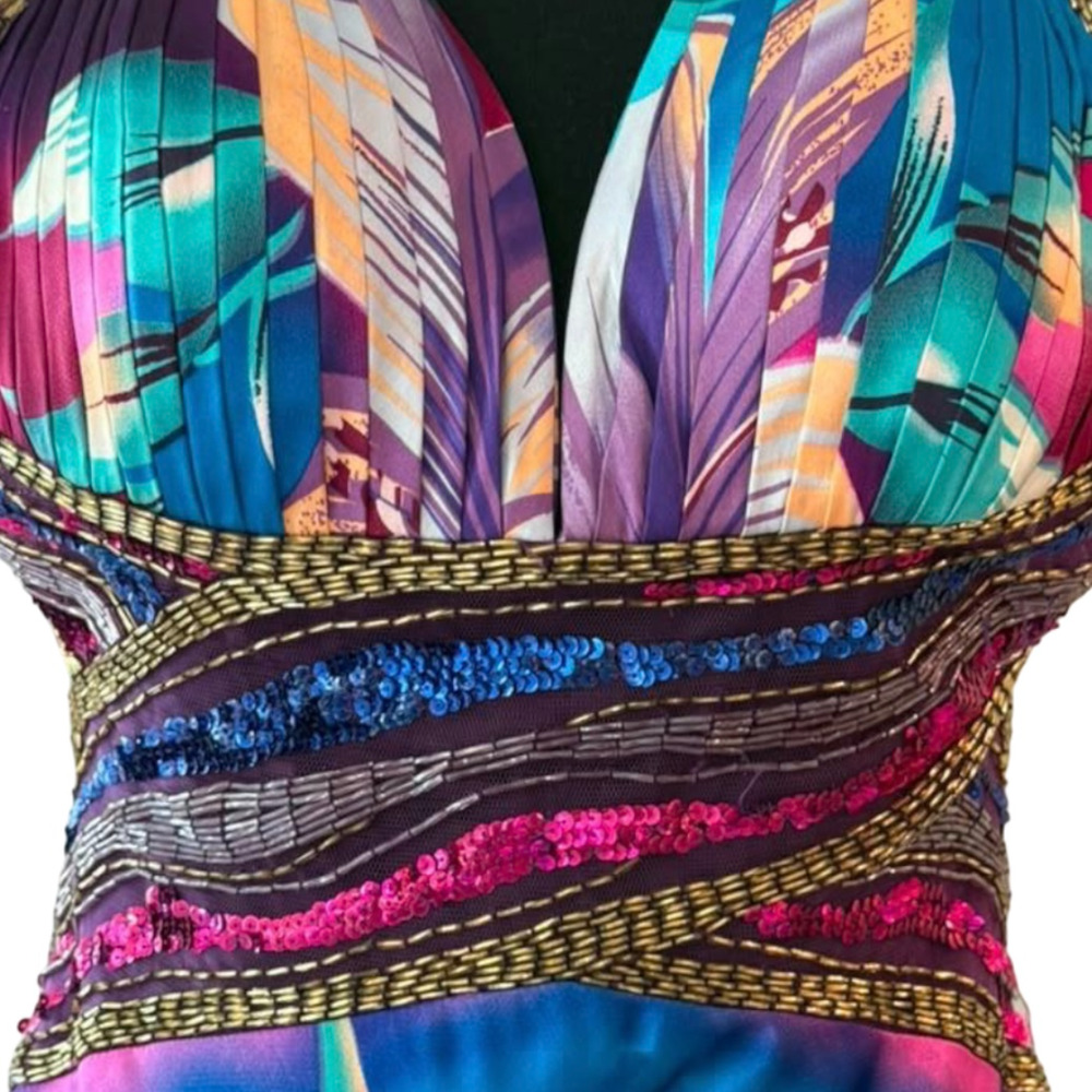 Caché Silk Halter Vibrant Watercolor Floral Beaded Mermaid Maxi Dress Size 6 NWT - Picture 6 of 13